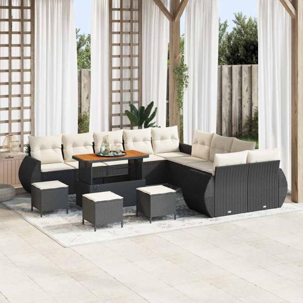 ARDEBO.de - 14-teiliges Garten-Sofa-Set mit Kissen aus schwarzem Poly-Rattan und Akazie, 4-teiliges Garten-Ess-Set mit Kissen aus schwarzem Poly-Rattan und Akazie