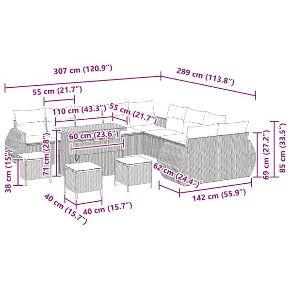 14-teiliges Garten-Sofa-Set mit Kissen aus schwarzem Poly-Rattan und Akazie, 4-teiliges Garten-Ess-Set mit Kissen aus schwarzem Poly-Rattan und Akazie