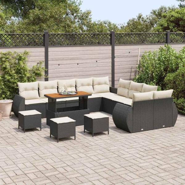 14-teiliges Garten-Sofa-Set mit Kissen aus schwarzem Poly-Rattan und Akazie, 4-teiliges Garten-Ess-Set mit Kissen aus schwarzem Poly-Rattan und Akazie