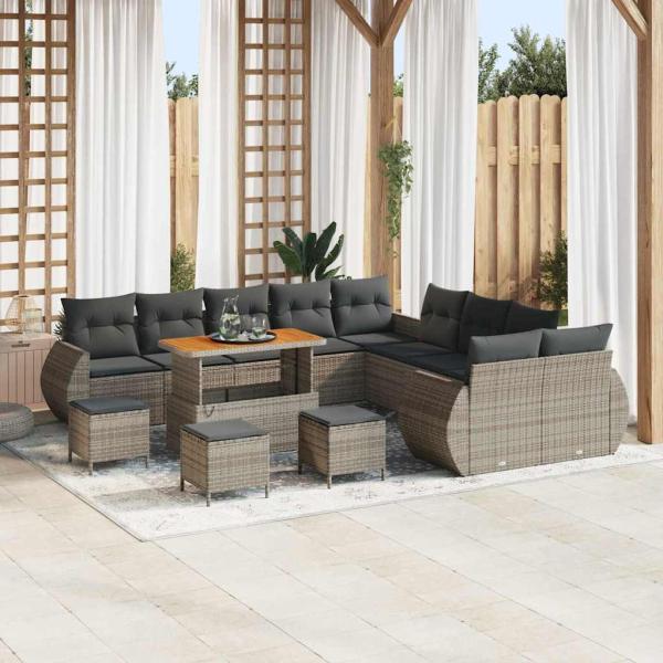 ARDEBO.de - 14-teiliges Gartensofa-Set mit Kissen Grau Poly-Rattan Akazie, 4-teiliges Garten-Esszimmer-Set mit Kissen Grau Poly-Rattan Akazie
