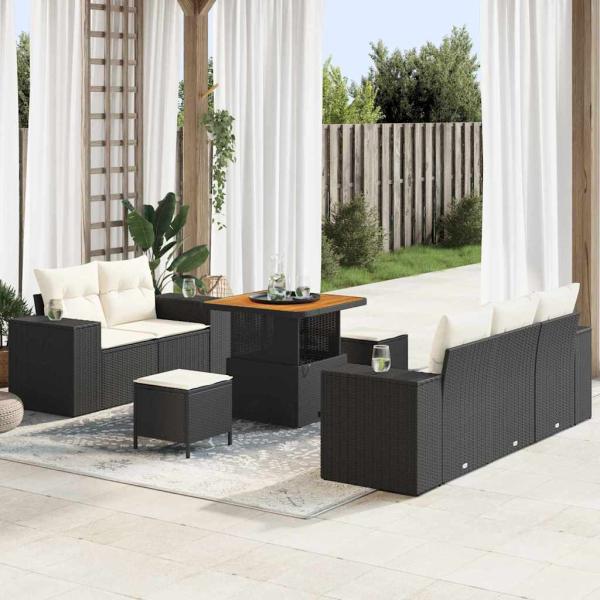 ARDEBO.de - 8-teiliges Garten-Sofa-Set mit Kissen in Schwarz aus Poly-Rattan, 3-teiliges Garten-Ess-Set mit Kissen in Schwarz aus Poly-Rattan
