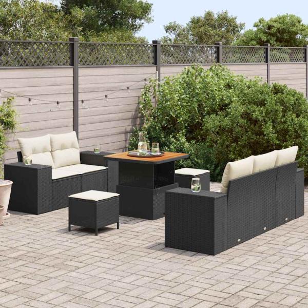 8-teiliges Garten-Sofa-Set mit Kissen in Schwarz aus Poly-Rattan, 3-teiliges Garten-Ess-Set mit Kissen in Schwarz aus Poly-Rattan