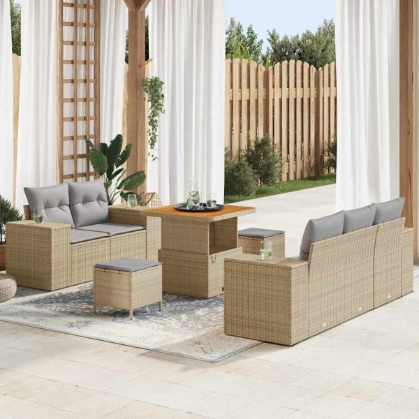 ARDEBO.de - 8-teiliges Garten Sofa Set mit Kissen Beige Poly Rattan Akazie, 3-teiliges Garten Essset mit Kissen Beige Poly Rattan Akazie