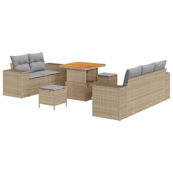 8-teiliges Garten Sofa Set mit Kissen Beige Poly Rattan Akazie, 3-teiliges Garten Essset mit Kissen Beige Poly Rattan Akazie