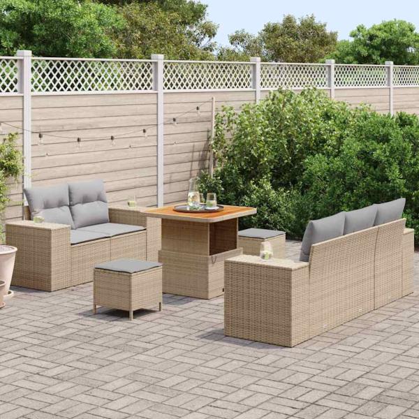 8-teiliges Garten Sofa Set mit Kissen Beige Poly Rattan Akazie, 3-teiliges Garten Essset mit Kissen Beige Poly Rattan Akazie