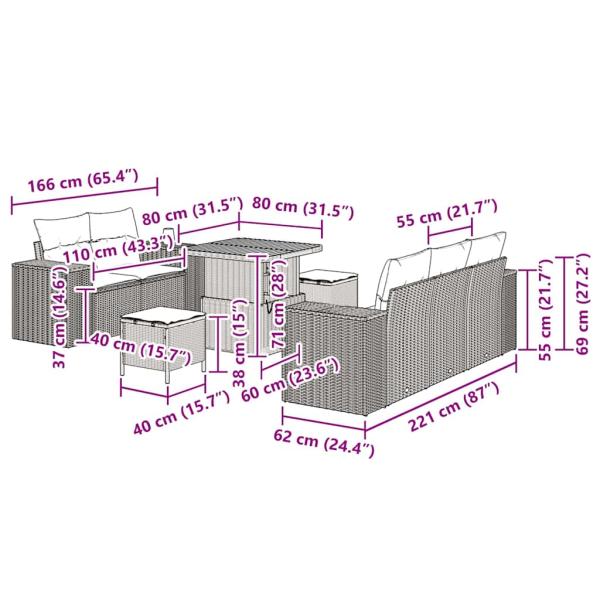 8-teiliges Garten Sofa Set mit Kissen Grau Poly Rattan Akazie, 3-teiliges Garten Esstisch Set mit Kissen Grau Poly Rattan Akazie