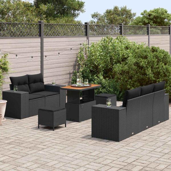 8-teiliges Garten Sofa Set mit Kissen Schwarz Poly Rattan Akazie, 3-teiliges Garten Essenset mit Kissen Schwarz Poly Rattan Akazie