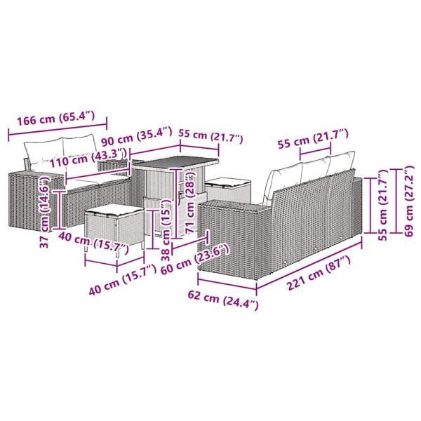 8-teiliges Garten Sofa Set mit Kissen Schwarz Poly Rattan Akazie, 3-teiliges Garten Esszimmer Set mit Kissen Schwarz Poly Rattan Akazie