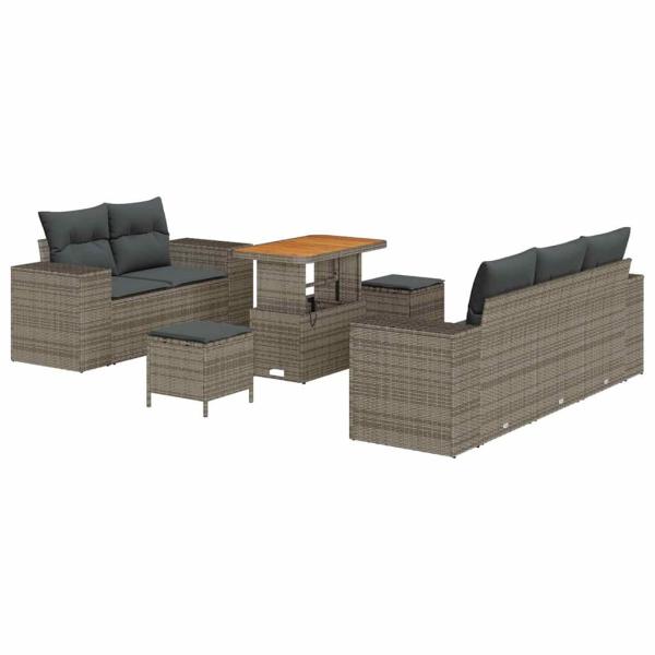 8-teiliges Garten-Sofa-Set mit Kissen Grau Poly Rattan Akazie, 3-teiliges Garten-Ess-Set mit Kissen Grau Poly Rattan Akazie