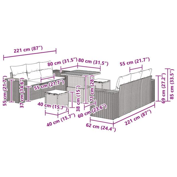 9-teiliges Garten-Sofa-Set mit Kissen Beige Poly Rattan Akazie, 3-teiliges Garten-Ess-Set mit Kissen Beige Poly Rattan Akazie