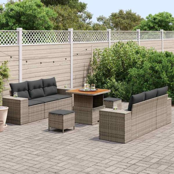 9-teiliges Garten-Sofa-Set mit Kissen Grau Poly-Rattan Akazie, 3-teiliges Garten-Ess-Set mit Kissen Grau Poly-Rattan Akazie