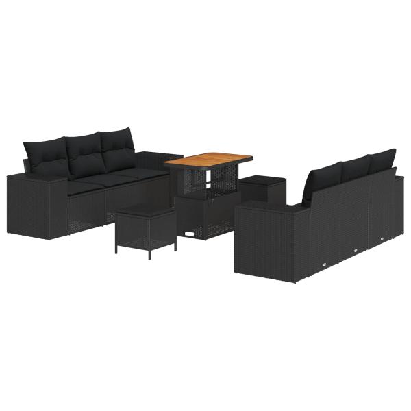 ARDEBO.de - 9-teiliges Garten Sofa Set mit Kissen - Schwarz - Poly-Rattan, Akazie, 3-teiliges Garten Ess-Set mit Kissen - Schwarz - Poly-Rattan, Akazie