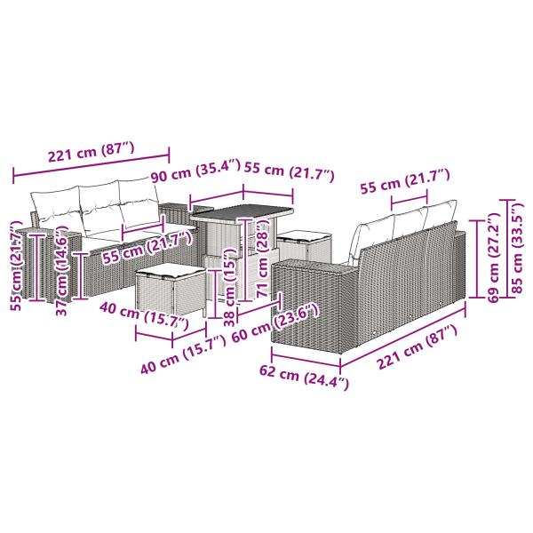 9-teiliges Garten Sofa Set mit Kissen - Schwarz - Poly-Rattan, Akazie, 3-teiliges Garten Ess-Set mit Kissen - Schwarz - Poly-Rattan, Akazie