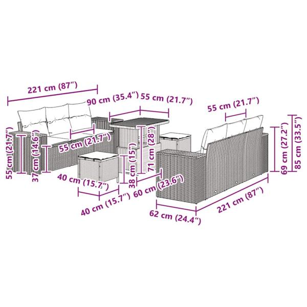 9-teiliges Garten-Sofa-Set mit Kissen Schwarz Poly-Rattan Akazie, 3-teiliges Garten-Dining-Set mit Kissen Schwarz Poly-Rattan Akazie