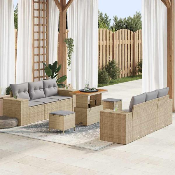 ARDEBO.de - 9-teiliges Garten-Sofa-Set mit Kissen Beige Poly Rattan Akazie, 3-teiliges Garten-Esszimmer-Set mit Kissen Beige Poly Rattan Akazie