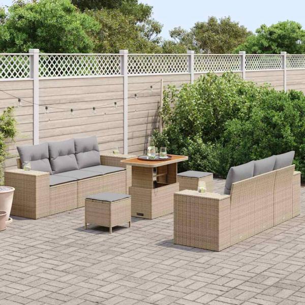 9-teiliges Garten-Sofa-Set mit Kissen Beige Poly Rattan Akazie, 3-teiliges Garten-Esszimmer-Set mit Kissen Beige Poly Rattan Akazie