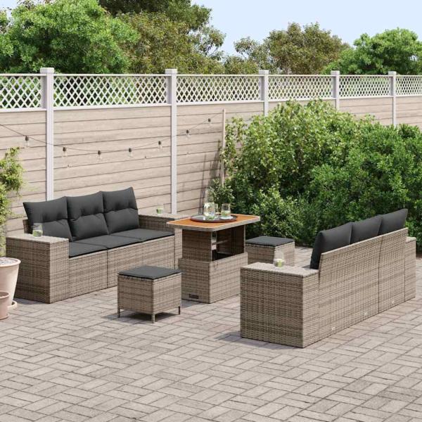 9-teiliges Garten Sofa Set mit Kissen Grau Poly Rattan Akazie, 3-teiliges Garten Esszimmer Set mit Kissen Grau Poly Rattan Akazie
