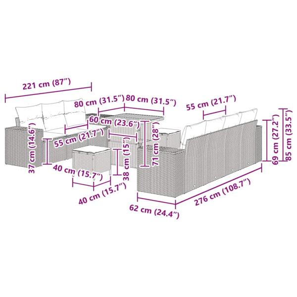 10-teiliges Garten-Sofa-Set mit Kissen Schwarz Poly Rattan Akazie, 3-teiliges Garten-Ess-Set mit Kissen Schwarz Poly Rattan Akazie