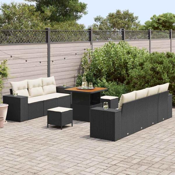 10-teiliges Garten-Sofa-Set mit Kissen Schwarz Poly Rattan Akazie, 3-teiliges Garten-Ess-Set mit Kissen Schwarz Poly Rattan Akazie