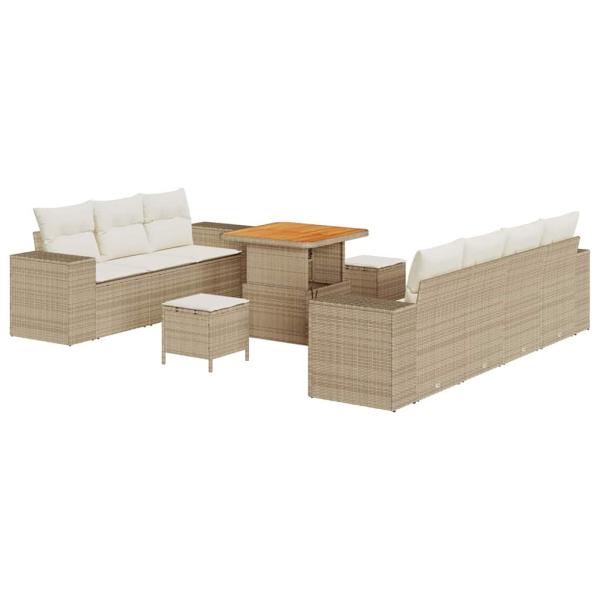 ARDEBO.de - 10-teiliges Garten Sofa Set mit Kissen Beige Poly Rattan Akazie, 3-teiliges Garten Esszimmer Set mit Kissen Beige Poly Rattan Akazie