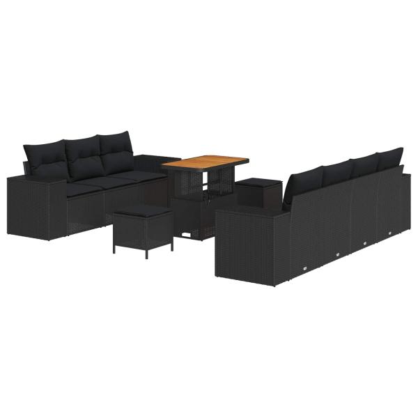 ARDEBO.de - 10-teiliges Garten Sofa Set mit Kissen Schwarz Poly Rattan Akazie, 3-teiliges Garten Esszimmer Set mit Kissen Schwarz Poly Rattan Akazie