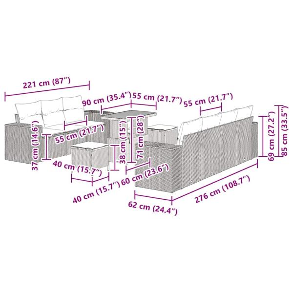 10-teiliges Garten-Sofa-Set mit Kissen Schwarz Poly-Rattan Akazie, 3-teiliges Garten-Ess-Set mit Kissen Schwarz Poly-Rattan Akazie