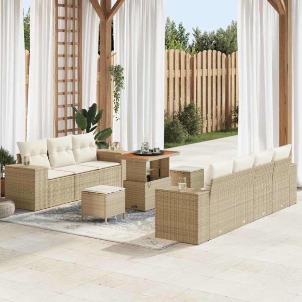 ARDEBO.de - 10-teiliges Garten Sofaset mit Kissen Beige Poly Rattan Akazie, 3-teiliges Garten Esszimmer Set mit Kissen Beige Poly Rattan Akazie