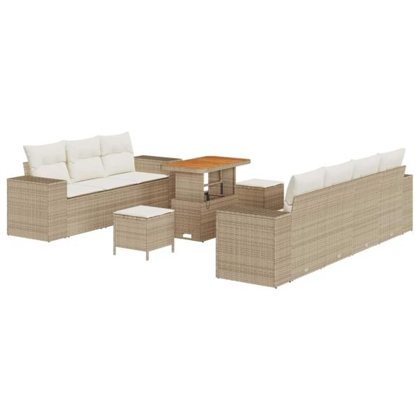 10-teiliges Garten Sofaset mit Kissen Beige Poly Rattan Akazie, 3-teiliges Garten Esszimmer Set mit Kissen Beige Poly Rattan Akazie