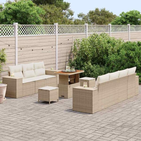 10-teiliges Garten Sofaset mit Kissen Beige Poly Rattan Akazie, 3-teiliges Garten Esszimmer Set mit Kissen Beige Poly Rattan Akazie