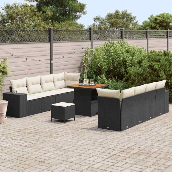 11-teiliges Garten Sofa Set mit Kissen Schwarz Poly Rattan Akazie, 3-teiliges Garten Essbereich Set mit Kissen Schwarz Poly Rattan Akazie