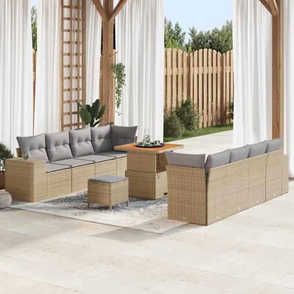 ARDEBO.de - 11-teiliges Garten Sofa Set mit Kissen Beige Poly Rattan Akazie, 3-teiliges Garten Esszimmer Set mit Kissen Beige Poly Rattan Akazie