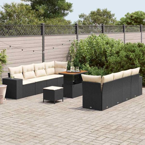 11-teiliges Garten Sofa Set mit Kissen Schwarz Poly Rattan Akazie, 3-teiliges Garten Essset mit Kissen Schwarz Poly Rattan Akazie
