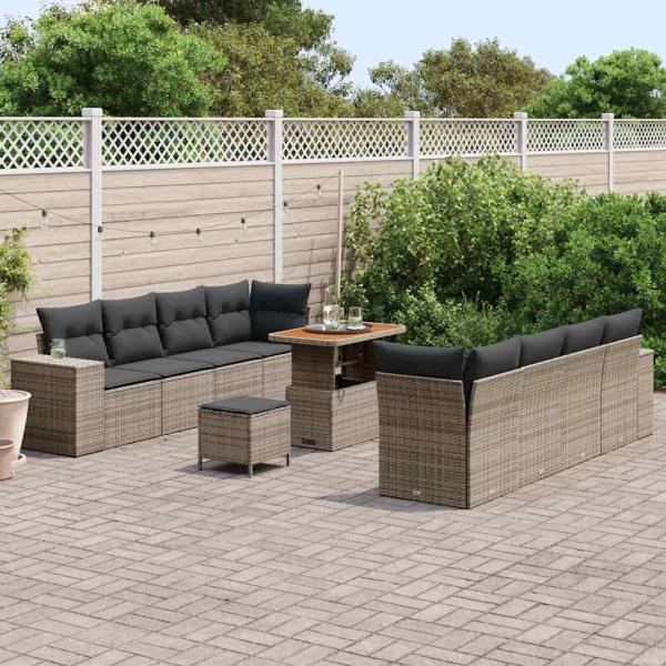 11-teiliges Garten Sofa Set mit Kissen Grau Poly Rattan Akazie, 3-teiliges Garten Essset mit Kissen Grau Poly Rattan Akazie