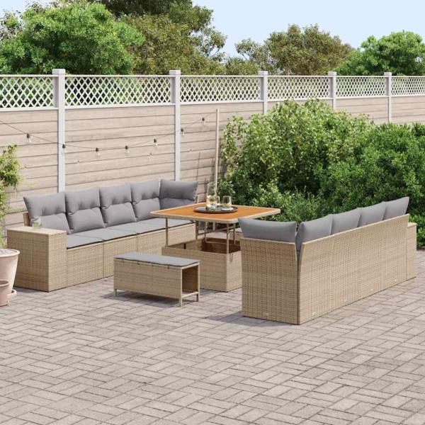 11-teiliges Garten Sofa Set mit Kissen Beige Poly Rattan Akazie, 3-teiliges Garten Essset mit Kissen Beige Poly Rattan Akazie