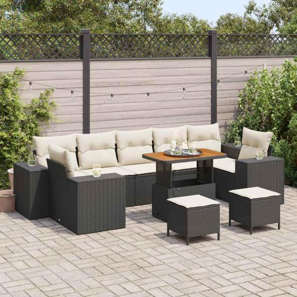 ARDEBO.de - 10-teiliges Garten Sofa Set mit Kissen Schwarz Poly Rattan Akazie, 3-teiliges Garten Esszimmer Set mit Kissen Schwarz Poly Rattan Akazie