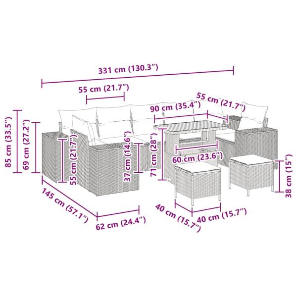 10-teiliges Garten Sofaset mit Kissen Grau Poly Rattan Akazie, 3-teiliges Garten Essset mit Kissen Grau Poly Rattan Akazie
