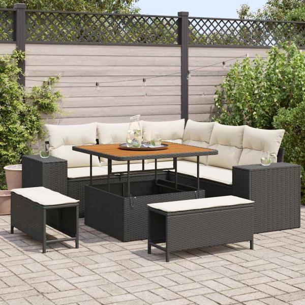 ARDEBO.de - 8-teiliges Garten Sofaset mit Kissen Schwarz Poly Rattan Akazie, 3-teiliges Garten Essset mit Kissen Schwarz Poly Rattan Akazie