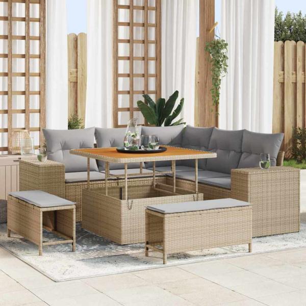 ARDEBO.de - 8-teilige Garten Sofagarnitur mit Kissen Beige Poly Rattan Akazie, 3-teilige Garten Essgruppe mit Kissen Beige Poly Rattan Akazie