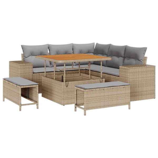 8-teilige Garten Sofagarnitur mit Kissen Beige Poly Rattan Akazie, 3-teilige Garten Essgruppe mit Kissen Beige Poly Rattan Akazie