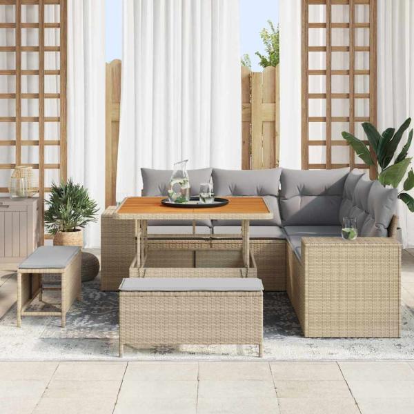8-teilige Garten Sofagarnitur mit Kissen Beige Poly Rattan Akazie, 3-teilige Garten Essgruppe mit Kissen Beige Poly Rattan Akazie
