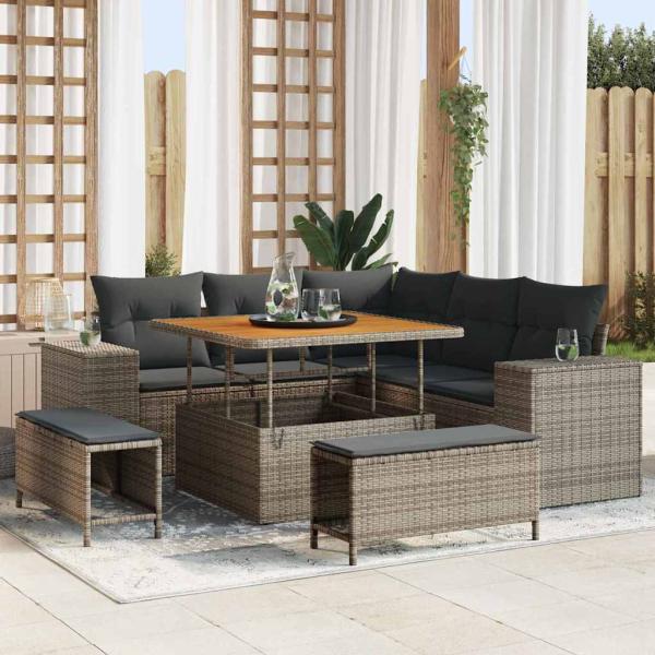 ARDEBO.de - 8-teiliges Garten Sofa Set mit Kissen Graues Poly Rattan Akazie, 3-teiliges Garten Esstisch Set mit Kissen Graues Poly Rattan Akazie