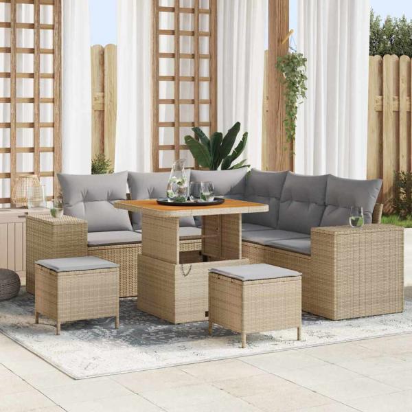 ARDEBO.de - 8-teiliges Garten Sofaset mit Kissen Beige Poly Rattan Akazie, 3-teiliges Garten Esstischset mit Kissen Beige Poly Rattan Akazie