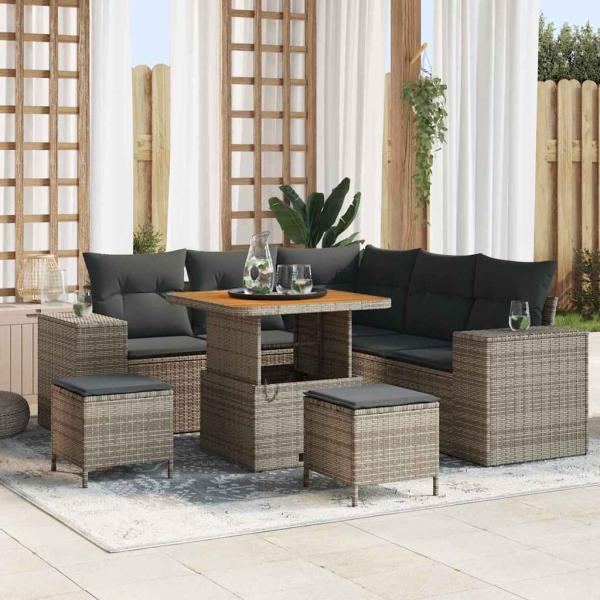 ARDEBO.de - 8-teiliges Gartensofa Set mit Kissen Grau Poly Rattan Akazie, 3-teiliges Garten Essset mit Kissen Grau Poly Rattan Akazie