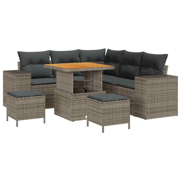8-teiliges Gartensofa Set mit Kissen Grau Poly Rattan Akazie, 3-teiliges Garten Essset mit Kissen Grau Poly Rattan Akazie