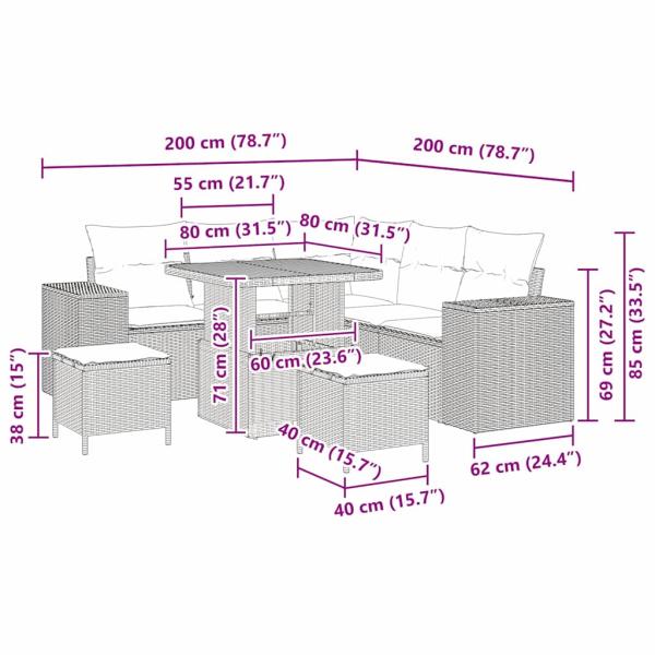 8-teiliges Gartensofa Set mit Kissen Grau Poly Rattan Akazie, 3-teiliges Garten Essset mit Kissen Grau Poly Rattan Akazie
