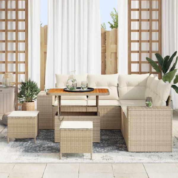 8-teiliges Garten-Sofa-Set mit Kissen Beige Poly Rattan Akazie, 3-teiliges Garten-Dining-Set mit Kissen Beige Poly Rattan Akazie