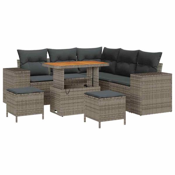 ARDEBO.de - 8-teiliges Garten-Sofa-Set mit Kissen Grau Poly-Rattan Akazie, 3-teiliges Garten-Ess-Set mit Kissen Grau Poly-Rattan Akazie