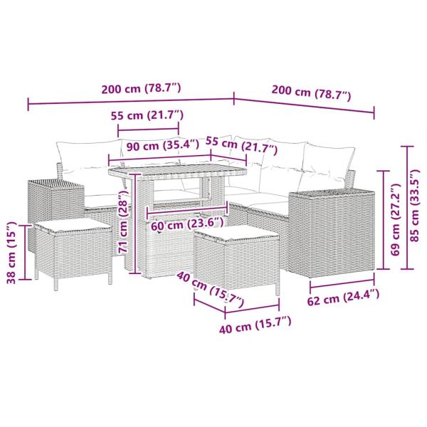 8-teiliges Garten-Sofa-Set mit Kissen Grau Poly-Rattan Akazie, 3-teiliges Garten-Ess-Set mit Kissen Grau Poly-Rattan Akazie