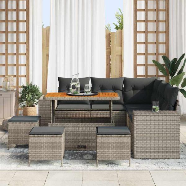 ARDEBO.de - 9-teiliges Garten Sofaset mit Kissen Grau Poly Rattan Akazie, 4-teiliges Garten Essset mit Kissen Grau Poly Rattan Akazie