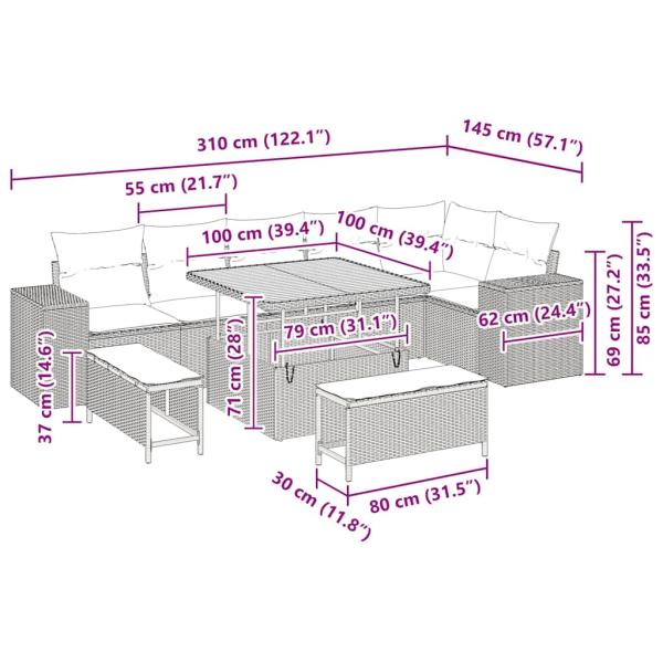 9-teiliges Garten-Sofa-Set mit Kissen graues Poly-Rattan, 3-teiliges Garten-Essset mit Kissen graues Poly-Rattan